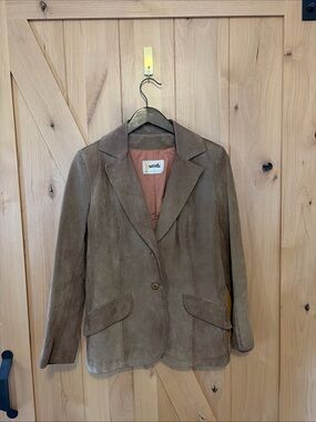 Vintage Retro Brown Leather Blazer Jacket size 14 L Womens Button up Minimalist